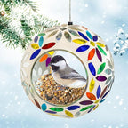 Sunnydaze 6-Inch Glass Mosaic Hanging Bird Feeder for Outdoors - Fly-Through Wild Bird Feeder - Rainbow Daisies