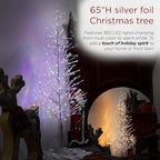 Alpine Corporation 65" H Indoor/Outdoor Pre-Lit Silver Foil Christmas Tree with Yard Stake and 360 LED Lights, Christmas Decoration