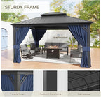 12'x14' Hardtop Gazebo,Double Roof, Outdoor Galvanized Steel Metal Gazebo with Curtains and Netting for Patios, Gardens, Lawns,NavyBlue