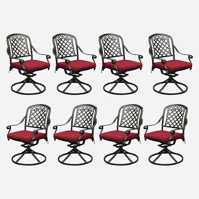 Set of 8 Cast Aluminum Patio Chairs with Cushions, All-Weather Aluminum Outdoor Swivel Chairs, Metal Outdoor Rocking Chairs for Backyard, Poolside and Bistro(Red, 8 Pieces)
