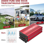 Pure Sine Vane Power Inverter 2000 Watt, DC 12V to 110V AC Converter with 3 Charger Outlets and with 2 Built-in 5V/2.1A USB Port Red
