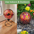 Lily's Home Colorful Mosaic Glass Gazing Ball, Designed with a Stunning Holographic Petal Mosaic Pattern to Bring Color and Reflection to Any Home and Garden, Red and Gold (10" Diameter)