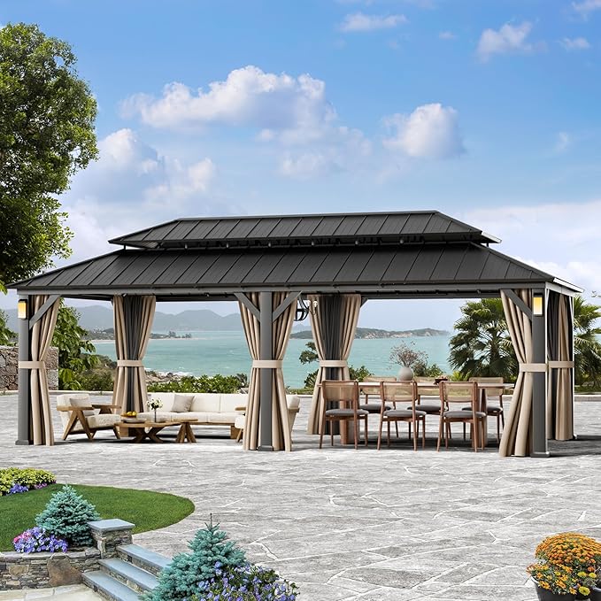 Modern Shade The Horizon Permanent Hardtop Gazebo 12' x 24' with 4 LED Lights, Outdoor Gazebo with Galvanized Steel Double Roof, Patio Pavilion w/Decor Hooks, Mosquito Netting and Curtains, Black