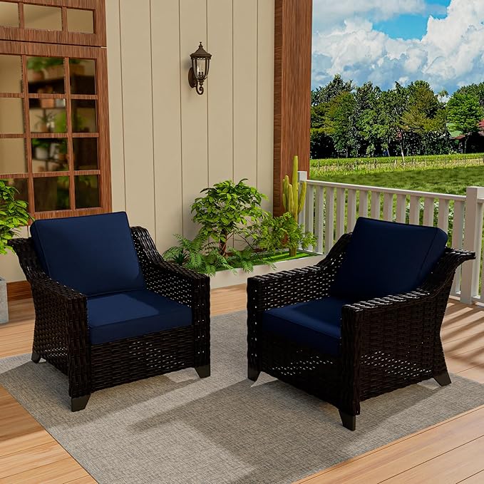 Vista Vibe 2 Pieces Outdoor Armchairs, Patio Conversation Furniture Set, Washable Cushions, Luxurious Hand-Woven PE Rattan, Garden, Bistro, Deck, Backyard (Brown/Navy)