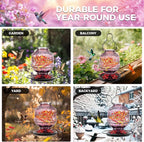 Hand Blown Glass Hummingbird Feeders for Outdoors, 25 Ounces Wild Bird Nectar Feeder with Perch & 5 Flower Feeding Ports Leak Proof Hanging for Garden Backyard Decor, Gifts for Women Mom, Purple