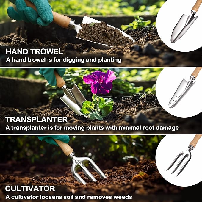 Bluemars Gardening Hand Tool Kit 14PCS Heavy Duty Stainless Steel Garden Tool Set with Floral Garden Tote -Outdoor Gardening Transplanting Gifts for Woman