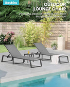 Aluminum Patio Chaise Lounge Set of 2 with 1 Side Table, Foldable Outdoor Pool Lounge Chairs 5-Position Recliner for Outside Poolside, Fully grounded legs Sun Lounger for Beach, Yard, Dark Gray