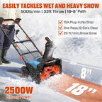SENIX Corded Snow Blower,18 Inch Snow Thrower, Electric Snow Blower with 8" Clearing Depth, 600lbs/min, Max 33ft Throw Distance, 14Amp,1700 Watt Motor, 4 LED Lights