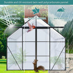 KEIKI 8x8 FT Double Door Polycarbonate Greenhouse with Aluminum Frame,Raised Base and Roof Vent,Walk-in Greenhouses for Patio Garden