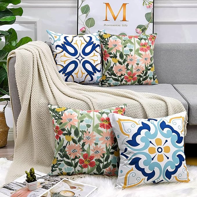 Pyonic Outdoor Pillows Cover Pack of 2 Floral Waterproof Throw Pillow Covers 16X16 inch Outdoor Pillows for Patio Furniture Garden Square Outside Waterproof Pillow