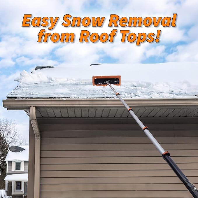 5-24 ft Telescoping Snow Roof Rake // High Reach Solar Panel Snow Removal Tool for Roofs, RVs & Cars // Heavy Duty Snow Rake for House Roof // 13.6" Scratch-Free Soft Foam Blade // Push Pull Design