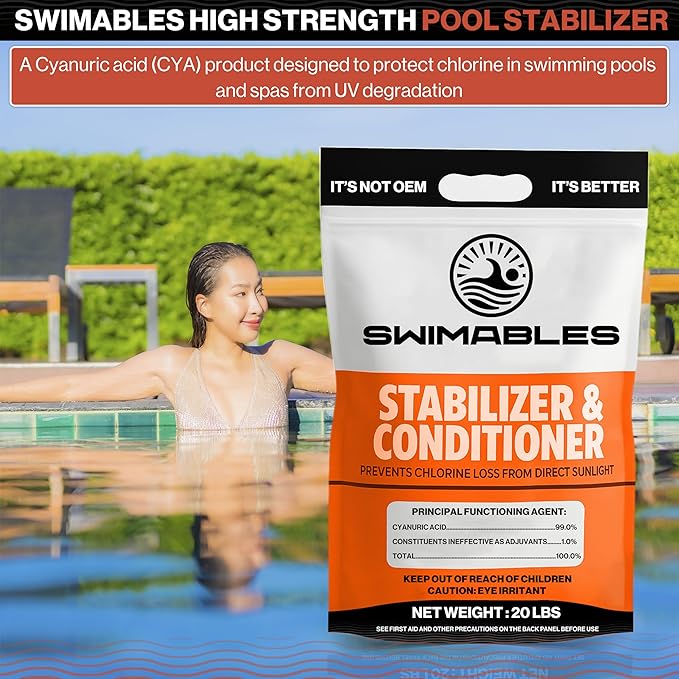 Swimables 20-Pounds Premium Pool Stabilizer & Conditioner, Max Strength Cyanuric Acid for Pools, Spa & Salt Water – Reduces Chlorine Loss, Ideal for Swimming & Hot Tubs