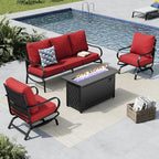 MFSTUDIO 4 Piece Patio Conversation Sets, All Weather Metal Frame Outdoor Furniture Set Patio Sofas with 1 x 45 Rectangular Fire Pit Table, 1 x 3-Seat Sofa, 2 x Rocking Chairs, Burgundy Red Cushion