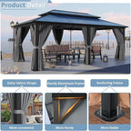 Aoxun 12'x20' Hardtop Gazebo, Aluminum Frame Permanent Pavilion with Curtains and Netting, Outdoor Polycarbonate Double Roof Canopy, Designed for Patio, Garden, Lawns, Gray