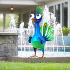 Metal Peacock Statue Garden Decor Cartoon Peacock with Bobbling Eyes Yard Art Lawn Patio Decoration Outdoor Sculpture for Housewarming Birthday Wedding