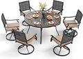 PHI VILLA 7 Pieces Outdoor Round Dining Set for 6, Large Wrought Iron Table with Umbrella Hole & Swivel Metal Chairs with Cushions, Modern Furniture Set for Patio, Deck, Yard, Porch