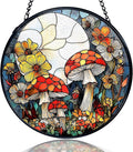 kdqua Mushroom Flower Suncatcher Stained Glass Window Hanging, Full Moon Mushroom Sun Catchers Indoor Window Glass Round Wall Decor, Cottagecore Wall Art Hanging Decorations Statues, 7.9x7.9in