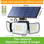 intelamp Solar Lights Outdoor, 3 Head Solar Motion Sensor Lights for Outside, lP65 Waterproof,Separate Panel with 9FT Cable Remote Control Flood Lights(2Pack)