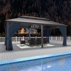 Gotland 2024 New 12' x 20' Hardtop Gazebo, Outdoor Iron Metal Double Roof Pergola with Curtains and Netting for Patio, Garden, Lawn, Navy
