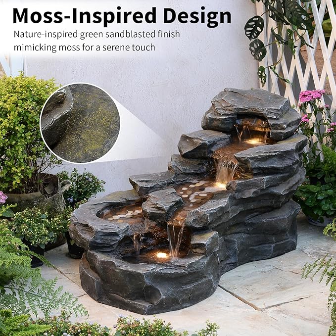 37" L Garden Outdoor Water Fountain, Floor Standing 5-Tiers Rock Natural Waterfall Outdoor Fountains with LED Lights for Patio, Porch, Home Art Decor