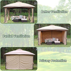 11x13 Gazebo for Patio, Gazebo with Curtains & Sandbags, Double Tier Roof Marquee Canopy for Garden, Deck, Backyard, Lawn (Khaki)-Netting not Included
