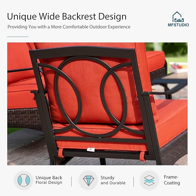 MFSTUDIO 4 Pieces Outdoor Patio Furniture Set, Metal Outdoor Conversation Set, Rattan Wicker Patio Sectional Set with 2 x Swivel Single Sofa, 3-Seat Sofa, 1 x Fire Pit Table, Red
