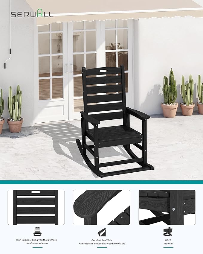 SERWALL Outdoor Rocking Chair Set of 2, Oversized Rocking Chair with Footboard for Adults, HDPE All Weather Rocking Chairs for Patio, 350lbs Weight Capacity, Black