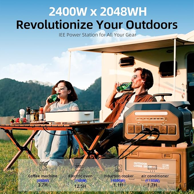 IEE P2400 Portable Power Station with 1x400W Solar Panel,2400W AC Outlet(Peak 5000W) 2048WH Lifepo4 Battery,1800W 1.2H Fast Charge,5-8MS EPS Switch,Below 30DB Solar Power Generator for Home Backup,RV.