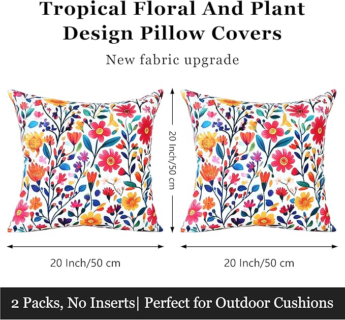 Outdoor Pillow Covers 18x18 Inch Set of 2 Floral Printed Boho Throw Pillows Cases Waterproof Square Garden Cushion Sham for Spring Summer Patio Funiture Tent Balcony Bench Sofa Couch