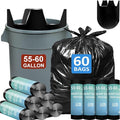 55-60 Gallon Trash Bags Heavy Duty 60 Count Bulk with 4 Innovative Flap Ties | Compatible with Rubbermaid Brute & Winco & Behrens 55-60 Gallon Round Trash Can | Tear & Leak Resistant Black