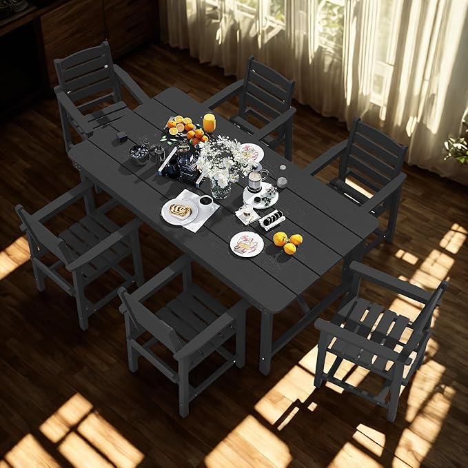 7 Piece Patio Dining Set with 11ft Patio Umbrella (Royal Blue), 7 Black Outdoor HDPE Dining Set with 6 Chairs + 1 Large Table, for Market, Pool, Garden, Backyard, Deck