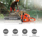 COOCHEER Gas Chainsaw 20 Inch 62CC Gasoline Powered Chain Saws 12000r/min 3.5HP 2 Stroke Cordless Gas Power Chain Saw for Tree Cutting Wood, Home Farm Garden Tools