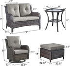 Outdoor Wicker Patio Furniture Set - 6 Piece Rattan Patio Conversation Set with 2 Rocking Swivel Chairs,2 Ottomans,1 Loveseat and 1 Side Table for Porch Deck Backyard Garden(Brown/Grey)
