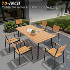 Outdoor Dining Table for 6, 70inch Patio Dining Table with Wooden-Like Top and Aluminum Frame, Rectangular Table with Umbrella Hole Outdoor Furniture, Brown