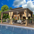 EROMMY 12'x18' Hardtop Gazebo,Galvanized Steel Double Roof Metal Gazebos with Curtain and Netting, Brown Permanent Pavilion Canopy with Aluminum Frame for Patios,Gardens,Lawns