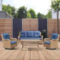 4 Piece Patio Furniture-All-Weather PE Wicker Outdoor Patio Furniture with Swivel Rocker Chairs,Outdoor Couch, Set with Coffee Table-Yellow/Blue