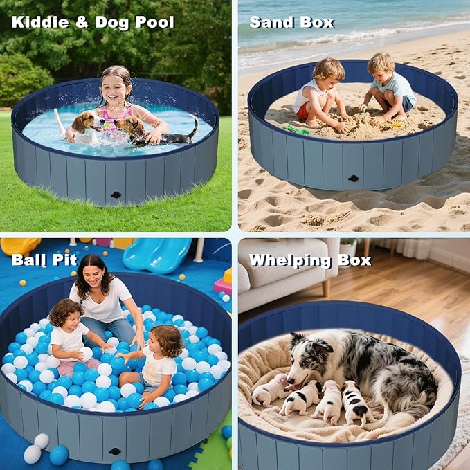 UCCY Foldable Dog Pool for Large Dogs Hard Plastic Kiddie Swimming Pool Non-Slip Portable Dog Bathtubs Collapsible Multi-Use Whelping Box Ball Pit Outdoor Pool for Backyard Duck Pond Grey XL-63"x12"