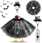 Halloween Porch Goose Outfits and Goose Clothes Fits 23" Plastic Cement Statues, Black Goose Outfit Costume with Rose Necklace for Outdoor Patio Yard Lawn Party