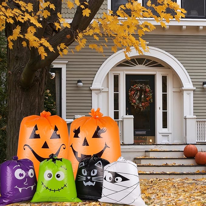 POPGIFTU 12 Pack Halloween Lawn Leaf Bags - Heavy Duty Plastic Trash Bags with Twist Ties, 6 Designs Large Pumpkin Yard Waste Bags for Garden, Lawn, Porch, Indoor Outdoor Halloween Decorations