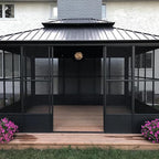 PURPLE LEAF 12' X 14' Sunroom Hardtop Gazebo Solarium with Light Galvanized Steel Double Roof All-Weather Aluminum Outdoor Screen House for Patio Deck Backyard Grey