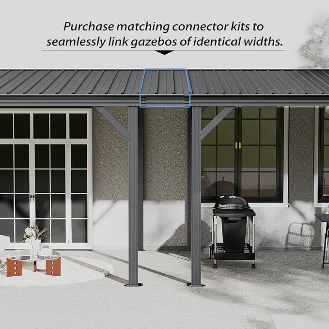 Domi 8'x10' Wall Mounted Hardtop Gazebo, Connectable Lean to Pergola with Gutters & Galvanized Steel Roof, 60MPH Wind Resistance, Outdoor Heavy Duty Metal Awning for Patio, Deck, Backyard - Grey