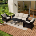 Vista Vibe 4 Pieces Outdoor Patio Conversation Furniture Set - 78" 3-seat Sofa | 2 Chairs | Metal Coffee Table, Deep Seat Loveseat, Removable Cushions, PE Rattan Couch, Lawn (Brown/Beige)