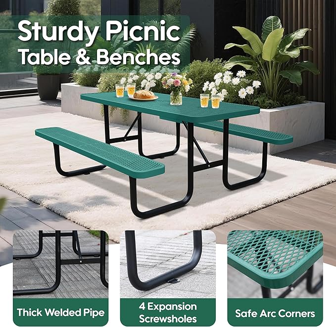 6FT Outdoor Picnic Tables,Heavy-Duty Metal Rectangular Picnic Table,Expanded Metal Commercial-Grade Table with 2 Benches & Umbrella Hole,Waterproof Coating Beach Table for Patio,Garden, Backyard