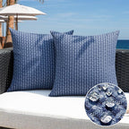 Kevin Textile Outdoor Waterproof Throw Pillow Covers Pack of 2 Weaving Texture Water Resistant Outside Decorative Cushion Covers for Garden Patio Tent Balcony Bench Couch Sofa 16x16 Inch, Navy Blue