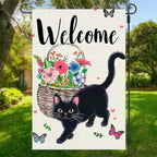 Welcome Cat Garden Flag 12x18 Inch Cute Black Cat Colorful Floral Butterfly Basket Double-Sided Yard Decoration for Outdoor Garden Patio Yard Spring Summer Décor