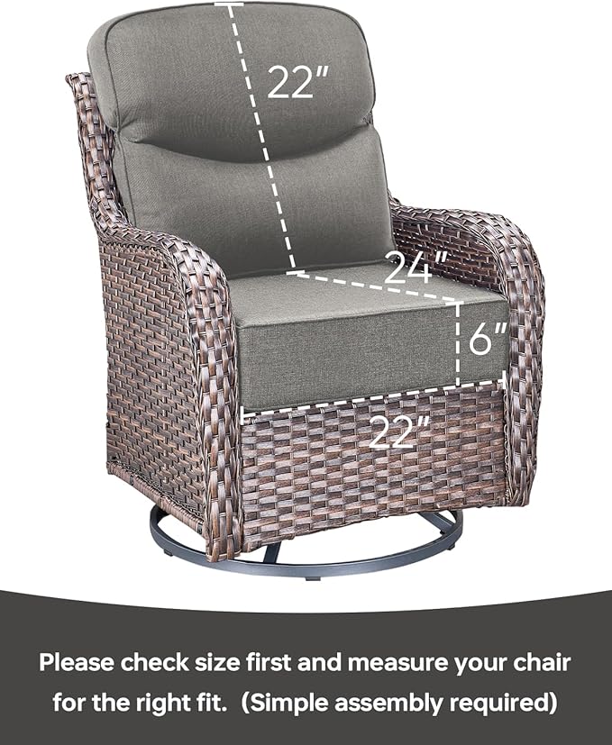 Luxury 22x24/22x25 6-Inch Smile Outdoor Seat Cushions Set of 2 - Superior Comfortable Water-Repellent Patio Chair Cushion for Rattan Dining Swivel Chairs Loveseat Sectional Sofa - Grey