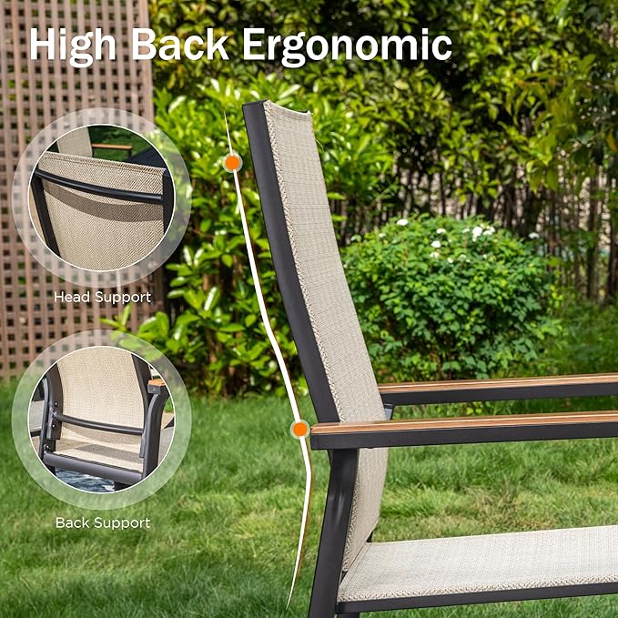PHI VILLA Outdoor Stackable Chairs, Patio Chairs Set of 8, Light Weight Aluminum Frame with Textilene Fabric & Wood Armrest, High Back Deck Chairs for Poolside Lawn Garden, Beige