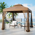 COOS BAY 8x8 Outdoor Patio Gazebo with Netting and Corner Shelves, Two-Tier Soft Top Canopy for Backyard, Lawn, Deck and Garden, Brown