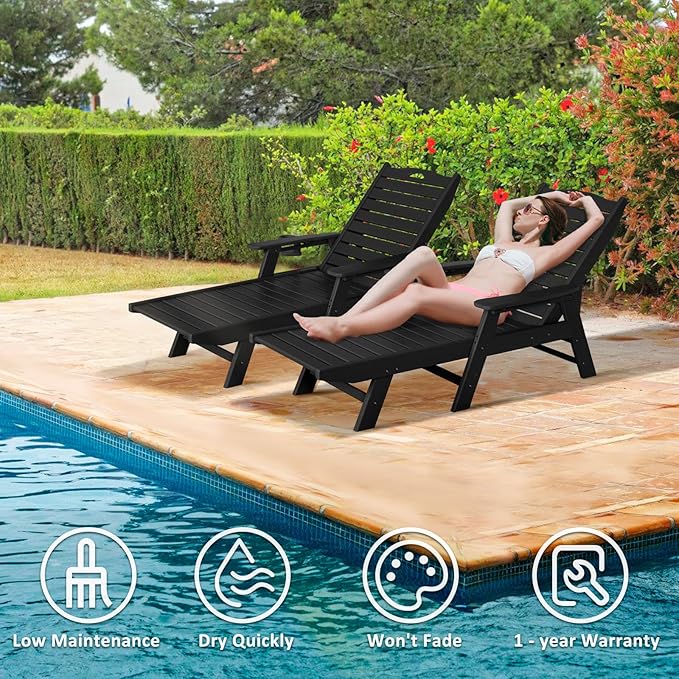 nalone Chaise Lounge Outdoor with 5-Position Adjustable Backrest, HDPE Lounge Chair for Outside Supports Up to 400 LBS, Pool Lounge Chairs for Patio Poolside Deck Beach Backyard (Black)