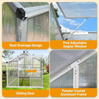 VINGLI 6x10FT Heavy Duty Polycarbonate Greenhouse with 5 Roof Vents, Aluminum Sliding Door, Silver